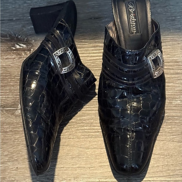 Brighton Tudor Mules Women’s 11 Black Croc Pattern Patent Leather Mules Heels - Picture 2 of 7